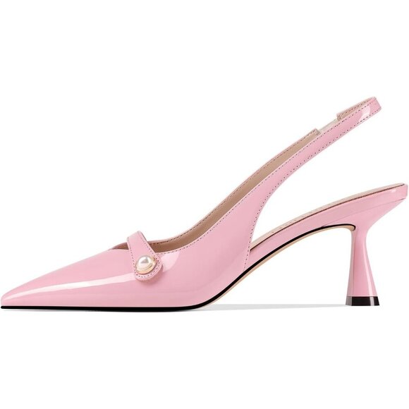 🆕Pink Faux Leather Slingback Kitten Heel Pumps, Pearl Pointed Toe for Wedding - Picture 2 of 7
